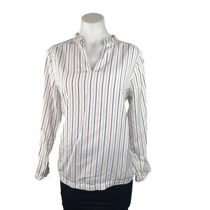 Jodhpur White Red Blue Pinstriped V Neck Ruffle Long Sleeve Shirt Top Size 6